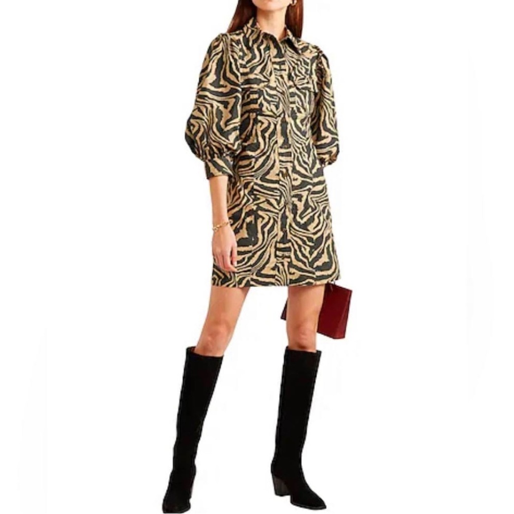 NWT Ganni Puff-Sleeve Tiger-Print Cotton Shirtdress Shift Dress Button Down